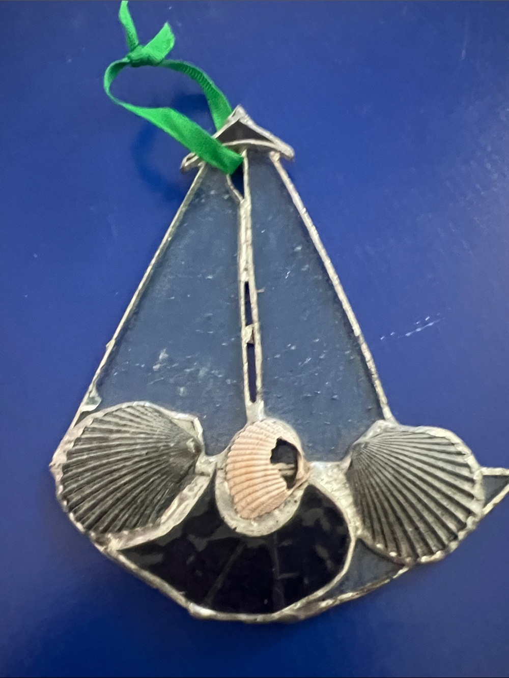 Stained Glass Sailboat Ornament with Shell Accents - clear  & purple